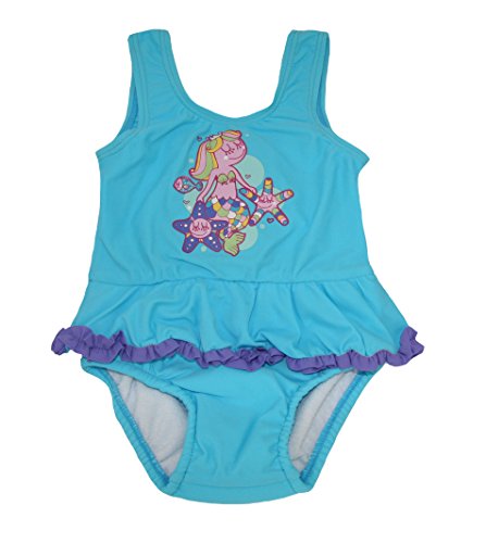 Bright Bots - 3/6m Baby Girls UPF50+ Australian All in One Swim Nappy Costume Turquoise with Purple Frill