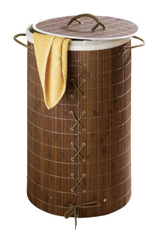 WENKO 17771100 Wäschetruhe Bamboo - mit herausnehmbarem Baumwollwäschesack, 55 Liter, Ø 35 x 60 cm