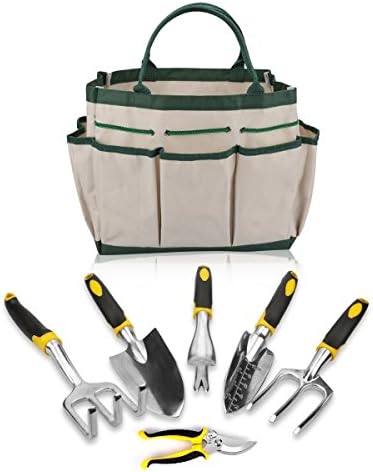 Splink 7 Piece Garden Tools Kit, Vegetable Herb Gardening Tools with Storage Tote Bag, 5Pcs Soft Rubberized Non-Slip Handle Garden Hand Tools Gardening Gifts