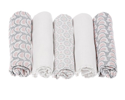 Motherhood 100 Percent Natural Cotton Muslin Wraps/Burp Cloths (Grey and Pink Birds, 5-Piece)