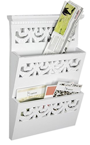 elbmöbel 34x28x6cm Zeitungshalter Wand für die Post, Magazine, Dokumente in weiß aus Holz Zeitungsständer mit zwei Ablagen | Dokumentenhalter