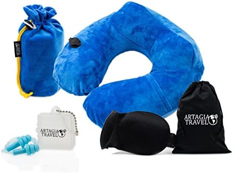 Luxury Push-Button Inflatable Travel Neck Pillow | Comfortable 3D Sleep Mask | High Fidelity Reusable Ear Plugs | Stylish Travel Packsack with Luggage Clip | Complete Travel Package – 3 in 1!
