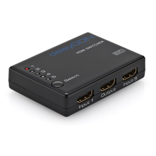 deleyCON HDMI Switch Verteiler 5 Port Automatisch – 3D Ready bis 1080p – inkl. Fernbedienung – [5x IN / 1x OUT] - 5