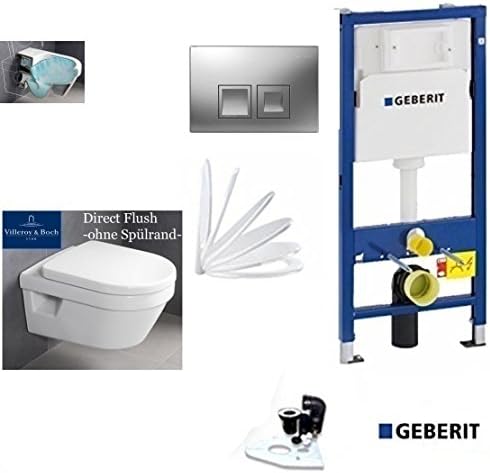 Geberit Duofix Frame System Pack of V & B Omnia Architectura Compact Al 480 mm Directf Lush Toilet Flushing Rim Complete Set + Lid with Soft Close Mechanism, Ceramicplus Push Plate Chrome Square