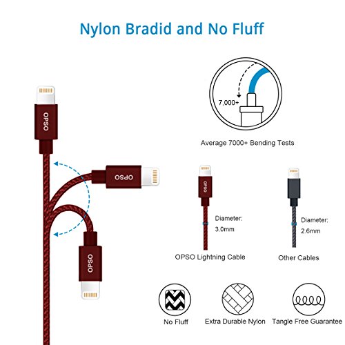 OPSO iPhone Charger - [ MFi Certified] Nylon Braided Lightning Cable for iPhone 7 Plus 6S Plus 6 Plus SE 5S 5C 5, iPad 2 3 4 Mini, iPad Pro Air 2, iPod - 0.15m Red