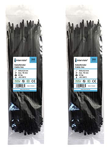 intervisio Fascette Plastica per Cablaggio 300 mm x 4,8 mm, Fermacavo Nere Elettricista 300mm Nylon Cavi Velcro Stringicavo, Nero, 200 Pezzi