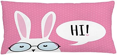 juchenjixie Rabbit Throw Pillow Cushion Cover, White Rabbit with Huge Round Glasses Speech Bubble Hi Print Pink Background, Decorative Square Accent Pillow Case, 20 X 30 Inches, Baby Pink White