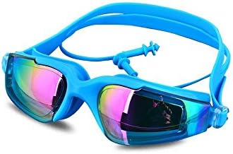 Qishi Swimming Googles - With Conjoined Earplugs Dazzle Colour Lens Anti-fog Mirrored Swim Goggles - With Long Lasting Anti Fog Technology for Women and Men - With Uv Protection Plating Glasses - Soft and Durable Silicone Head Strap with Easy to Adjust Head-strap - Come with Free Earplugs and Google Box - 100% Satisfaction Money Back Guarantee (Blue)