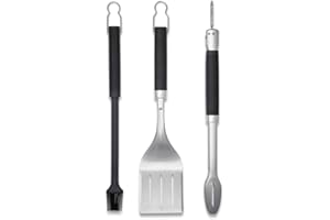 Weber Premium Grill Tool Set, 3-piece made of stainless steel, consisting of grill tongs, turner, and brush, with practical handles, dishwasher safe - Silver (6764)