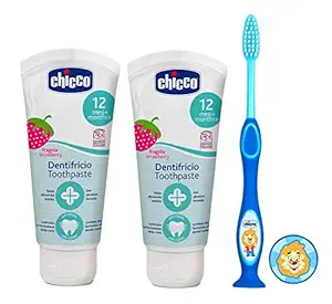 Chiccp Strawberry Toothpaste (6 m+), 50ml, Pack of 2 and Blue Tooth Brush