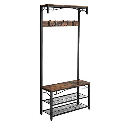 VASAGLE Vestiaire au style rustique, Meuble d’entrée, avec Étagère à chaussures, Banc et Crochets, Armature en métal mat, Dimensions: 80 x 30 x 178,5 cm (L x l x H) HSR45BX