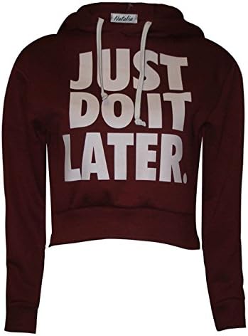 Women Just Do It Later Print Cropped Hoodie Sweat Top Red OS