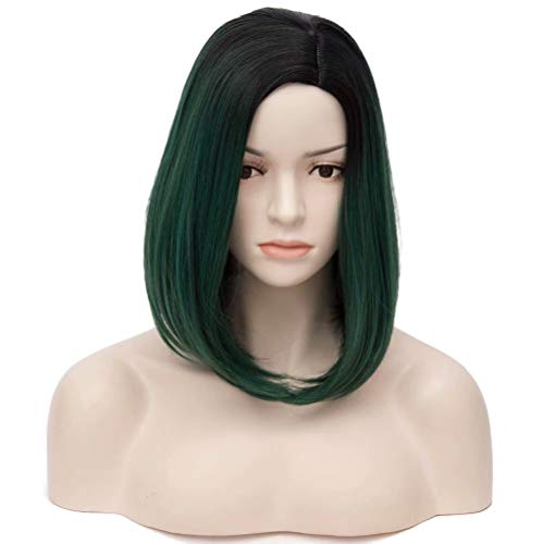 COSPLAZA Two Tone Dark Roots Noir Vert Court Hétéro Festival Dressing Up Party Spectacle TV Perruques Performance pour Femmes