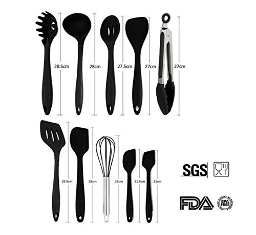 10 Stück Silikon Küchenhelfer Set, BLF Premium Silicone Kitchen Utensil – 2 * Silikon Spachteln, 1 * Schneebesen, 1 * Spaghettilöffel, 1 * Suppenkellen , 1 * Silikon Pfannenwender, 1 * Suppenkelle, 1 * Schlitzlöffel, 1 * Grillzange, 1 * Silikon Pinsel – Hitzebeständige Kochen Utensil - 2