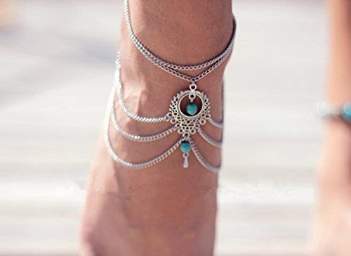 Ularmo Frauen Strand barfuß Sandal Foot Türkis Schmuck Fußkette Kette Quaste - 6