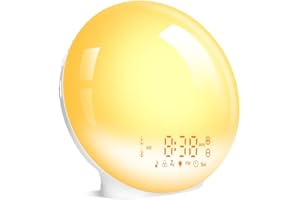 Togaga Réveil lumière du jour, réveil lumineux, simulation lever du soleil, coucher de soleil avec deux alarmes, réveil radio 7 sons de la nature, 11 lumières de couleur, 20 niveaux de luminosité