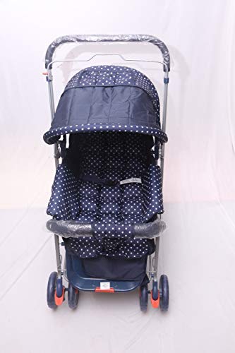 SP Traders Comfortable Baby Pram with Soft Cushioned Seat and Full Leg Cover Double Wheel (Navy Blue)