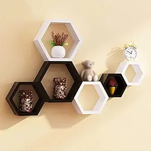 VANIYA CRAFTS  Hexagonal Shape Floating Wall Mounted Shelf for Living Room | Bed Room | Kitchen | Home Decoration Set of 6 (Black & White)