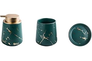 OUTER TREASURE 3/4 Piece Ceramic Bath Accessory Set,Housewares Marble Bathroom Accessories with Soap Dispenser, Tumblers,Soap Dish,Toothbrush Holder (Dark green（three piece）)
