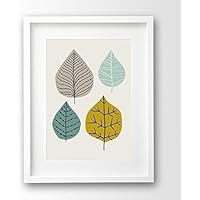 Kunstdruck ungerahmt, Blätter retro, Illustration türkis mint