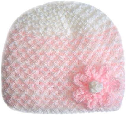 White / Pink Hand Knitted Baby Girl Beanie Hat With Flower - Premature To Newborn, 0-3 months (0-3 mths, pink flower (side))