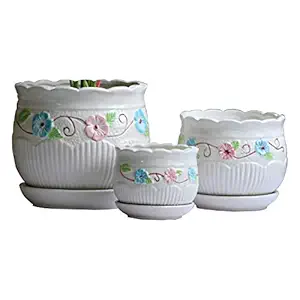 PEPUP Ceramic Plant Container Blue Flower Pot (Large - 16.5 cm, Medium - 13.5 cm & Small - 10.8 cm) Indoor Plants (Set of 3) with Water Drain Hole and Attached Bottom Tray