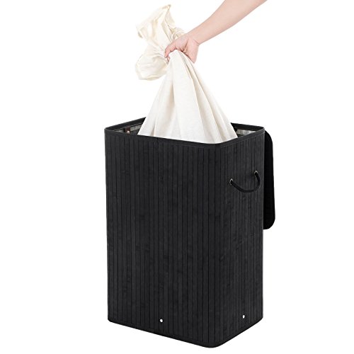Songmics 3 Griffe Faltbar Bambus Wäschekörbe Wäschebox Wäschetruhe Wäschesammler Wäschetonne Wäschewagen Schwarz Eckig LCB10H - 6