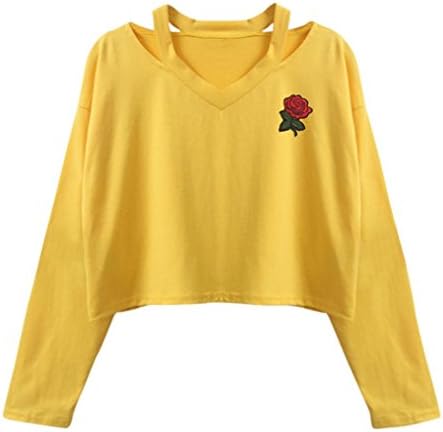 Women Teen Girls Cute Rose Embroidered Cold Shoulder Crop Top Sweatshirt Fashion T-shirt Pullover (M, Yellow)