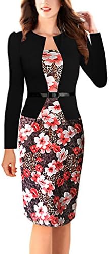 Mineroad Women Long Sleeves Wrap Hip Fake Two Elegent Printing Slim High Elasticity Fashion Dress Red UK 14