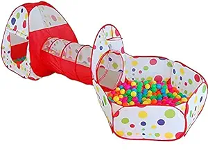 BabyGo Portable Kids 3-in-1 Colorful Dotted Theme Tunnel Playhouse Ball Pool Ball Pit Tent Summer Indoor Outdoor Play Fun Toy (Balls not Included, Multi Color)