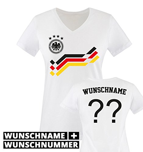 EM 2016 – RETRO-TRIKOT – WUNSCHDRUCK – Damen V-Neck T-Shirt – Weiss / Schwarz-Rot-Gelb Gr. S
