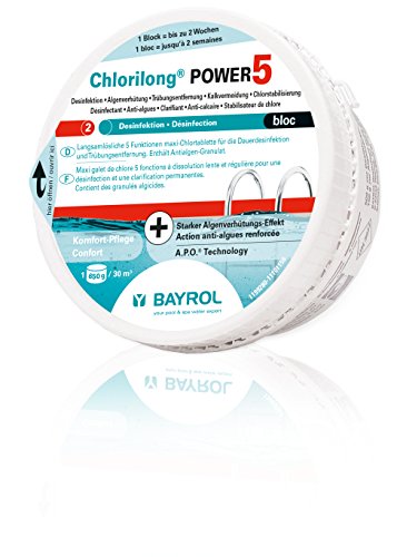 BAYROL Chlorilong POWER 5 Bloc - 650g Maxi-Chlortablette 5 in 1, enthält Antialgen-Granulat und Flockmittel - 0,65 kg