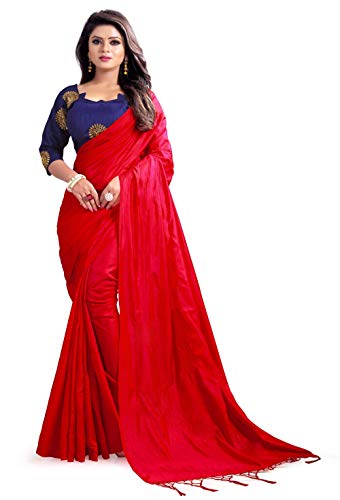 Flowers Fashion Women Party Wear Paper Silk Embroidered Saree With Blouse Piece (Red)