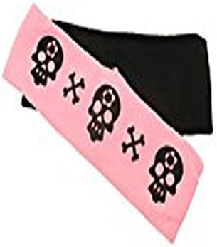 2 Headbands, Flo Pink with Black Skull and Crossbones Design and Plain Black