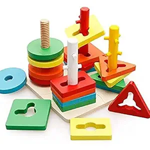 ZZ ZONEX Wooden Sorting & Stacking Toy, Shape Sorter Toys for Toddlers, Montessori Color Recognition Stacker, Early Educational Blocks Puzzles 1 2 3 Years Old Age Boys and Girls (4 Shapes) Toys,