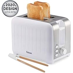 Grille Pain Large Fente 3 en 1 - Blanc Mat en Inox, Toaster Vintage - Pince en Bambou Gratuite - 7 Niveaux de Brunissage - 850W - Chauffe Petit Pain et Ramasse Miette