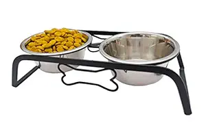 NAAZ PET SUPPLIES Rustic Bone Diner Wrought Iron Stainless Steel Food and Water Bowl with Iron Stand for Medium Dogs and Cats (900ml x 2 Bowls)