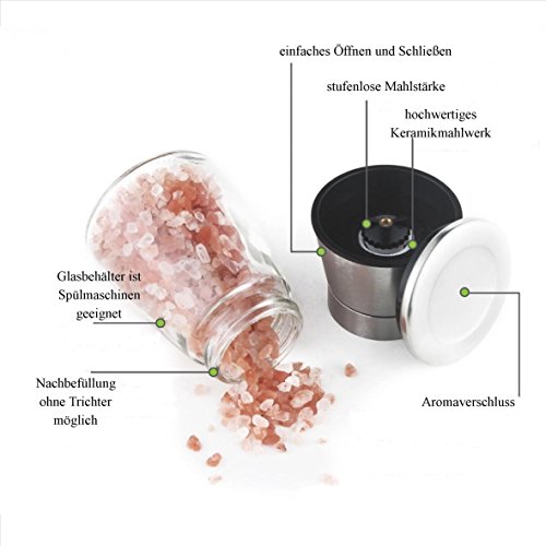 Laaks® Premium Salzmühle / Pfeffermühle im Set. Gewürzmühle aus Edelstahl und echtem Glas in edlem Design mit einstellbarem Keramikmahlwerk für Gewürze, Meersalz, Chili. Kräutermühle Streuer - 2