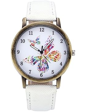 JSDDE Uhren,Retro Bunt Schmetterling Armbanduhr Bronze Gehäuse Damenuhr Denim-Gewebe-Lederband Analog-Quarz-Uhr...