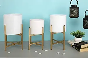 Homspurts Metal Plant Pot Set | Indoor Round Planter with Metal Stand (Pot: White, Stand: Golden, All Three Sizes)
