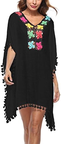 Jimmkey Women Tassel Swimsuit Bikini Stylish Beach Cover Up Sunscreen Shirt Bikini Smock, Women Sexy Shirts T Shirt Set Womens Shirts Swimwear Swimsuit Beachwear Blouse (Black B, Free Size)