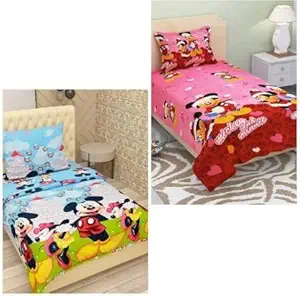 BLUEDOT 144 TC Microfiber 2 Single Kids Printed Bedsheet with 2 Pillow Covers - Set of 2 Combo, (Multicolour)