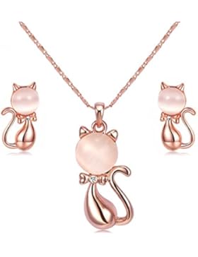 Rose Gold überzog Opalstein-Katze-Ohrring-Halsketten-gesetzten Schmucksache-Geschenk für Frauen-Mädchen