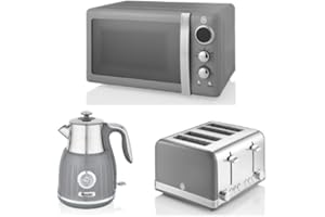 SWAN PRODUCTS LTD Swan Products Retro Grey 1.5L Dial Kettle with Temperature Gauge, 4 Slice Toaster ST34020GRN & 800W 20L Digital Microwave. Matching Vintage Kitchen Set in Grey