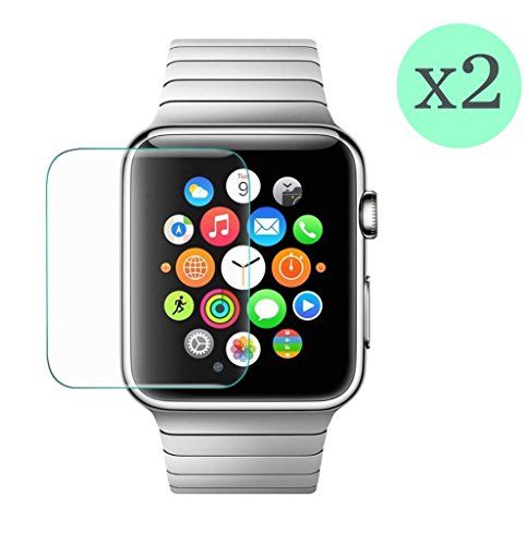 (Pack de 2) Protector de pantalla Cristal templado para Apple Watch 42mm  Calidad HD, Grosor 0,3mm, Bordes redondeados 2,5D, alta resistencia a golpes 9H. No deja burbujas en la colocación (Incluye instrucciones y soporte en Español)