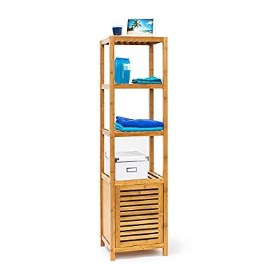 Relaxdays Étagère pour salle de bain cuisine armoire avec Porte refermable bois de bambou 5 étages Plateaux Meuble rangement serviette produit beauté cosmétique HxlxP 140 x 36,5 x 33 cm, nature