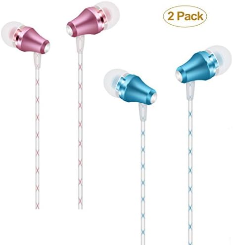 Earphones with Microphone in Ear Headphones Powerful Bass Noise Isolating Remote Wired Mobile Phone Earbuds for Apple iPhone ipod Mp3 Player Samsung (2 Pack--rose gold and blue)