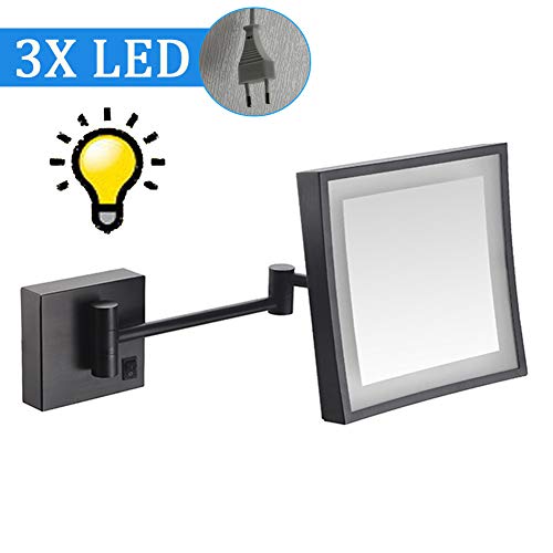 Koimg Espejo De Aumento De Pared con Luz Led 3X Ampliación Doble Cara Giratorio Espejos Extensibles con Iluminación Led,Espejo De Maquillaje,Espejo De Baño,Ideal para Maquillaje Y Afeitado,E