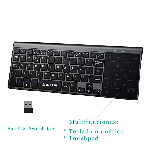 Zienstar-2.4Ghz Mini Teclado Inalámbrico con Touchpad y Teclado Numérico, Receptor USB para Smart TV, Android TV Box, HTPC, IPTV, XBOX360, PS3, PC, etc- Español