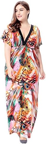 Women's Plus Size Bohemian Elegant bat-wing Sleeve V Neck Backless Colorful Peacock Printed Summer Maxi Long Dress For Wedding/Party/Banquet (5XL)